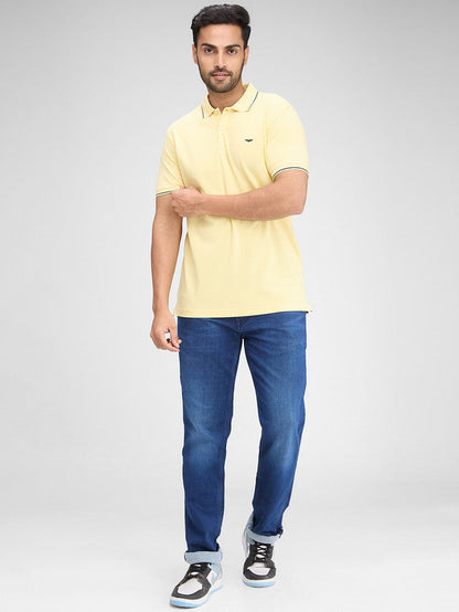 Park Avenue Yellow Solid Slim Fit Half Sleeve Cotton Blend T-Shirt