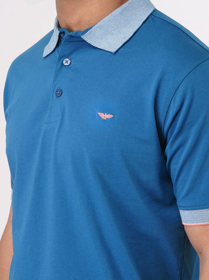 Park Avenue Blue Solid Slim Fit Half Sleeve Cotton Blend T-Shirt