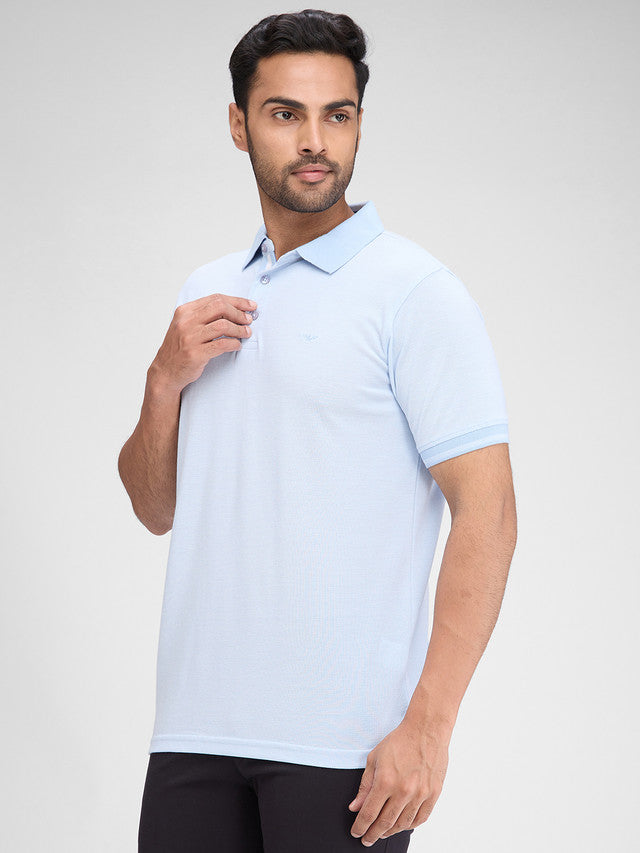 Park Avenue Blue Solid Slim Fit Half Sleeve Cotton Blend T-Shirt