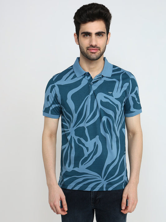 Park Avenue Men Blue Printed Slim Fit Cotton Blend Half Sleeve T-Shirt