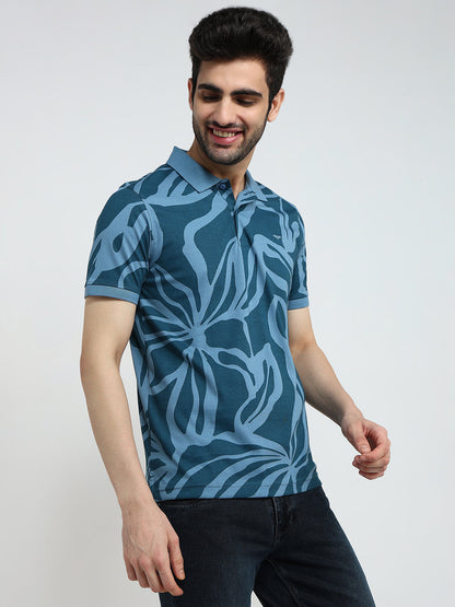Park Avenue Men Blue Printed Slim Fit Cotton Blend Half Sleeve T-Shirt