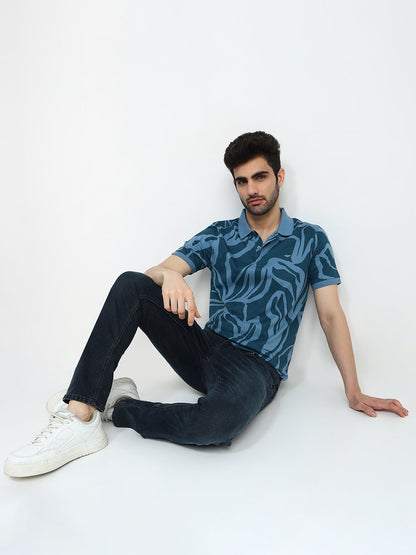 Park Avenue Men Blue Printed Slim Fit Cotton Blend Half Sleeve T-Shirt