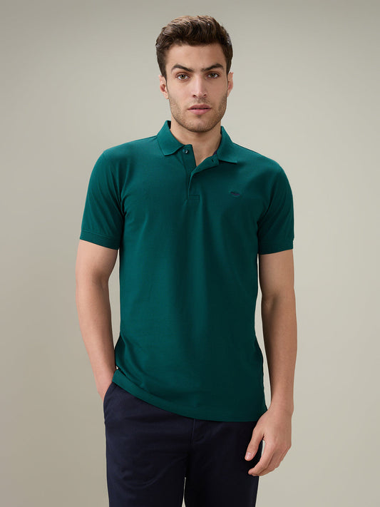 Park Avenue Men Green Solid Slim Fit Cotton Blend Half Sleeve T-Shirt