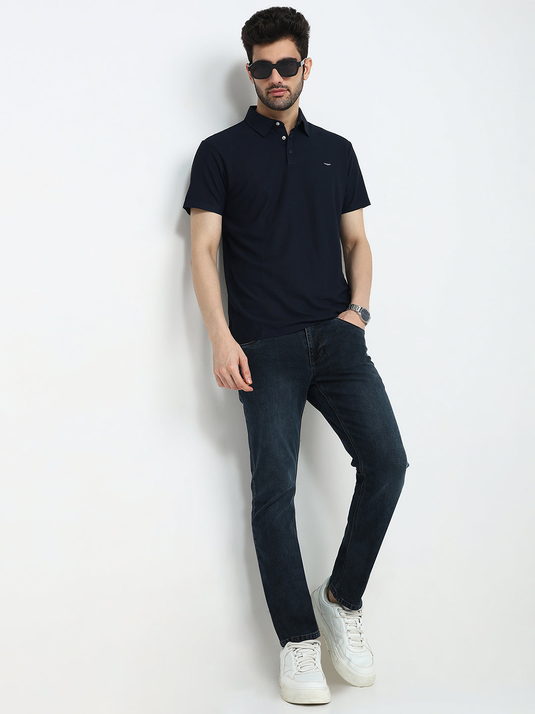 Park Avenue Men Blue Solid Slim Fit Polyester Half Sleeve T-Shirt