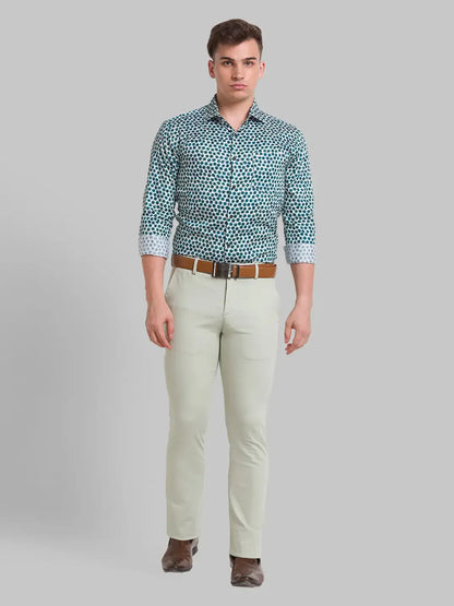 Men Green Slim Fit Print Cotton Cut Away Collar Shirts
