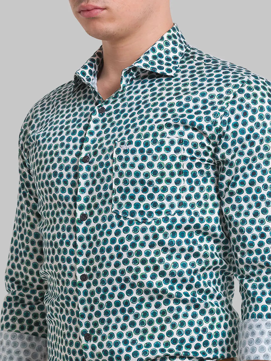 Men Green Slim Fit Print Cotton Cut Away Collar Shirts
