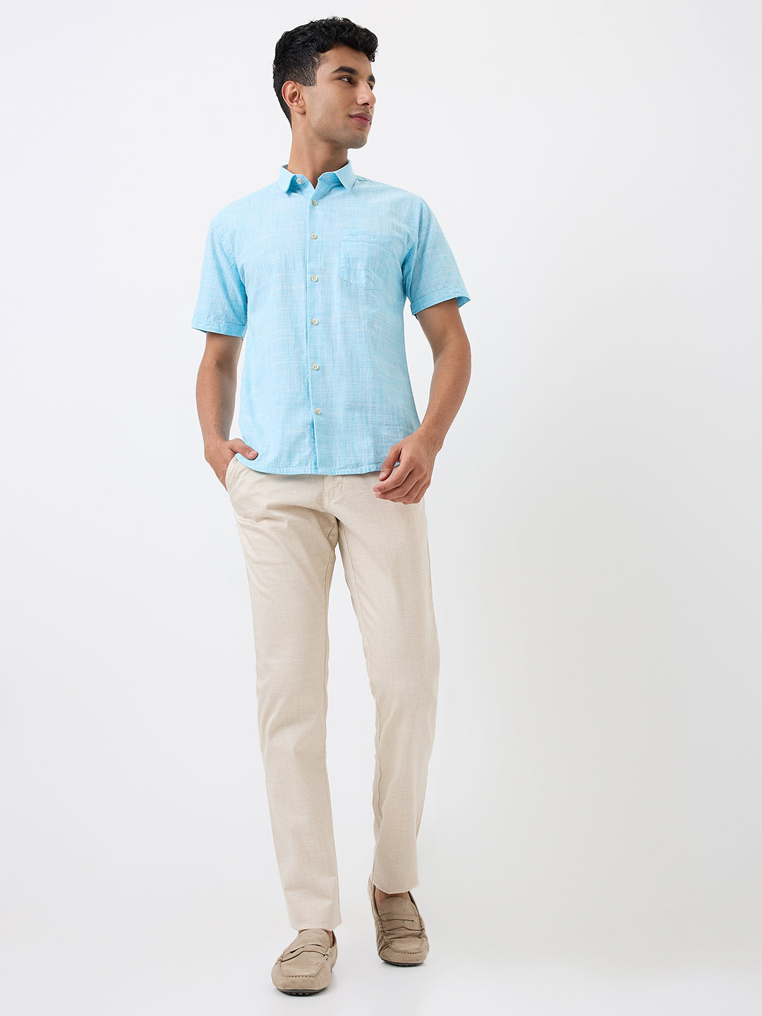 Park Avenue Men Blue Chambray Slim Fit Cotton Blend Shirt