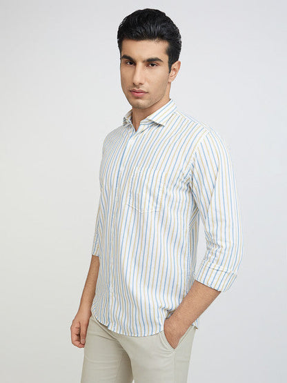 Men Yellow Slim Fit Stripe Cotton Cut Away Collar Shirts