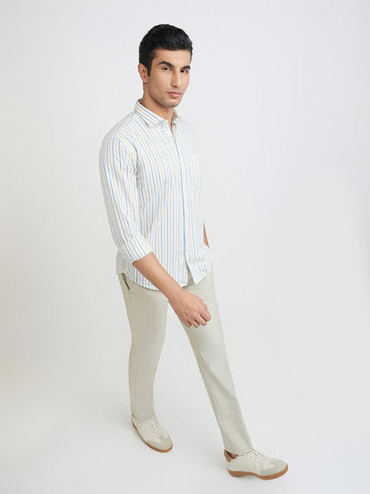 Men Yellow Slim Fit Stripe Cotton Cut Away Collar Shirts