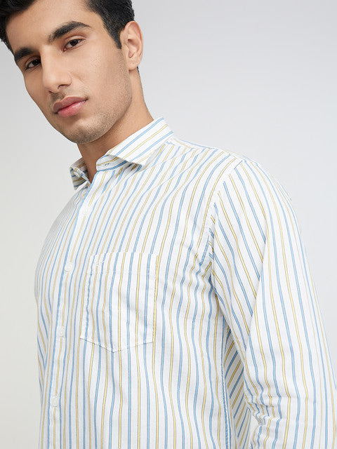 Men Yellow Slim Fit Stripe Cotton Cut Away Collar Shirts