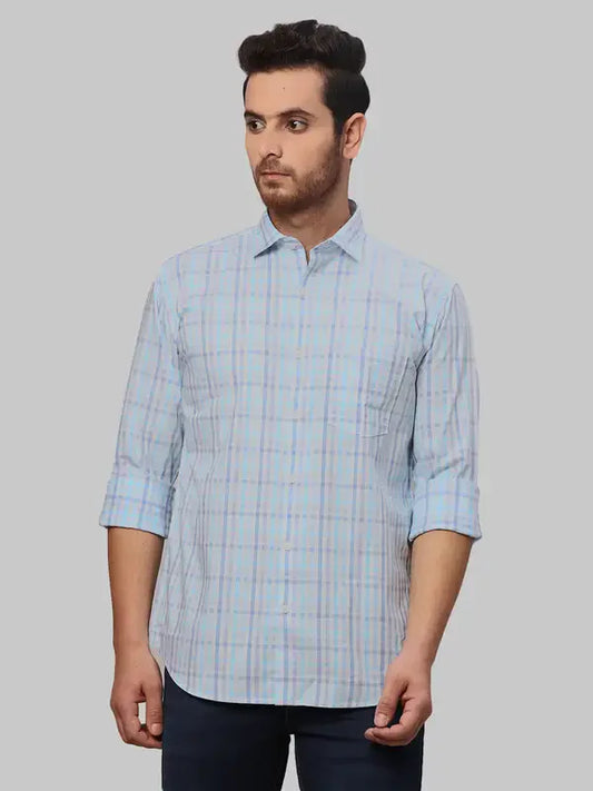Men Blue Slim Fit Checks Cotton Cut Away Collar Shirts