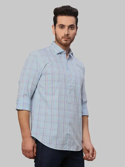 Men Blue Slim Fit Checks Cotton Cut Away Collar Shirts