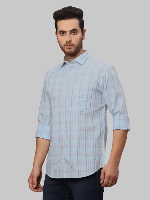 Men Blue Slim Fit Checks Cotton Cut Away Collar Shirts