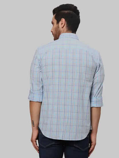 Men Blue Slim Fit Checks Cotton Cut Away Collar Shirts