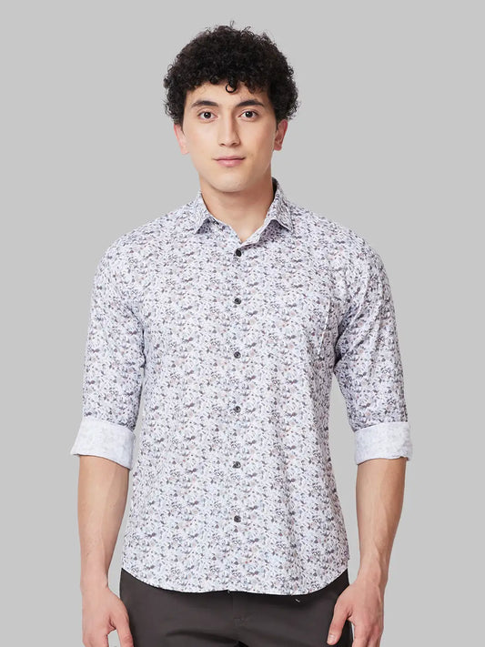 Men Grey Slim Fit Print Cotton Cut Away Collar Shirts