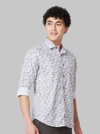 Men Grey Slim Fit Print Cotton Cut Away Collar Shirts