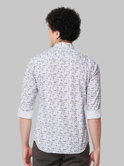 Men Grey Slim Fit Print Cotton Cut Away Collar Shirts