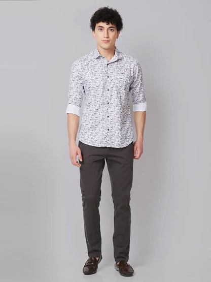 Men Grey Slim Fit Print Cotton Cut Away Collar Shirts