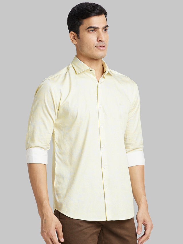 Park Avenue Men Yellow Printed Slim Fit Full Sleeve Cut Away Collar Shirt