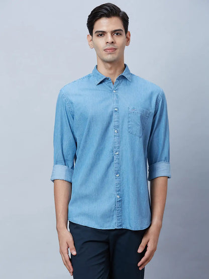 Men Blue Slim Fit Chambray Cotton Shirts