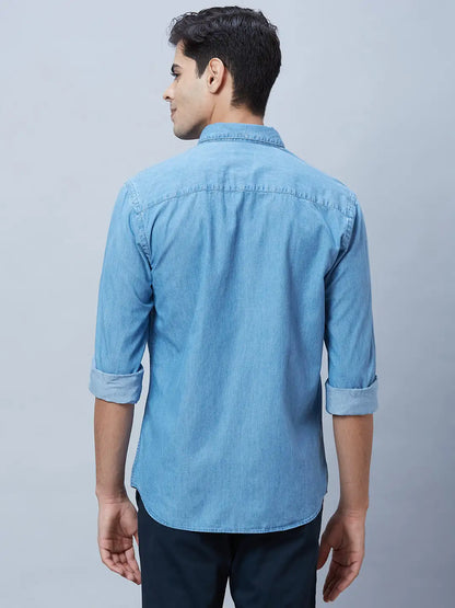 Men Blue Slim Fit Chambray Cotton Shirts