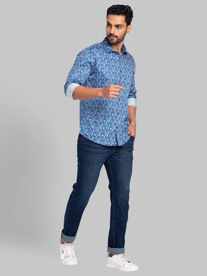 Park Avenue Men Blue Printed Slim Fit Full Sleeve Cut Away Collar Shirt