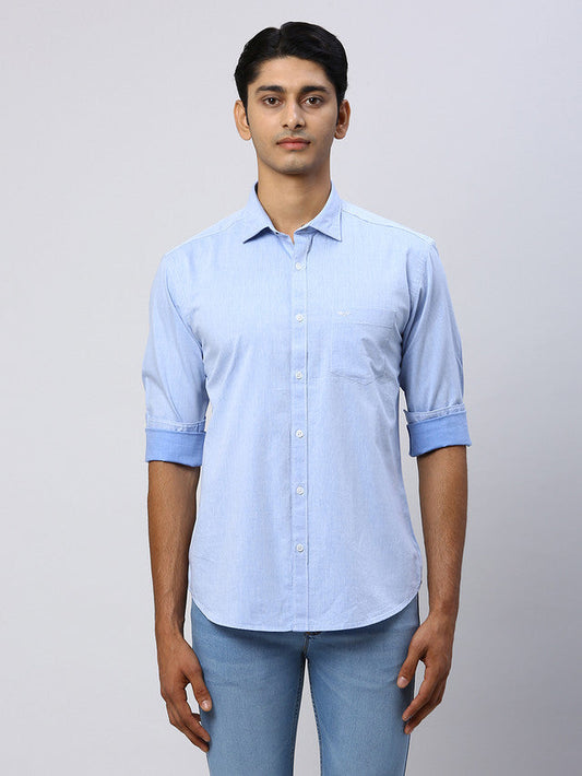 Park Avenue Men Blue Solid Slim Fit Full Sleeve Cut Away Collar Shirt