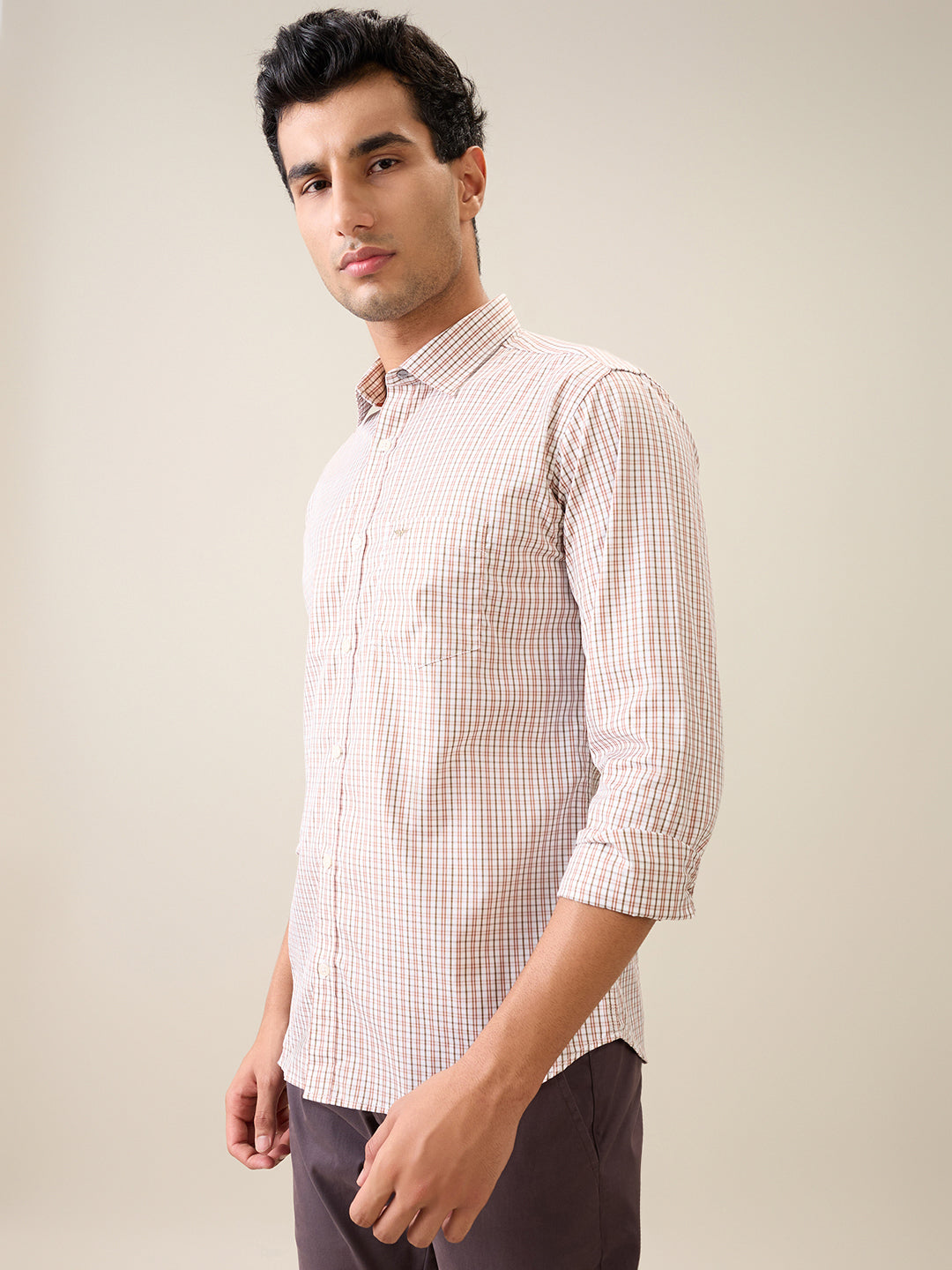 Park Avenue Men Brown Checks Slim Fit Cotton Casual Shirt