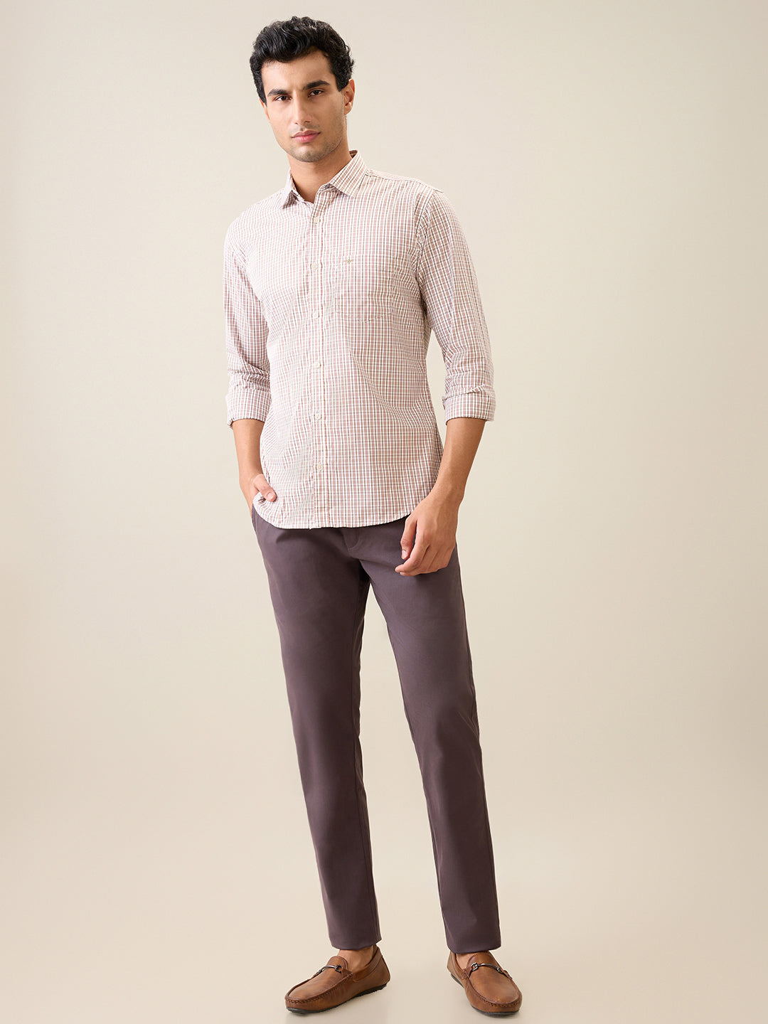 Park Avenue Men Brown Checks Slim Fit Cotton Casual Shirt