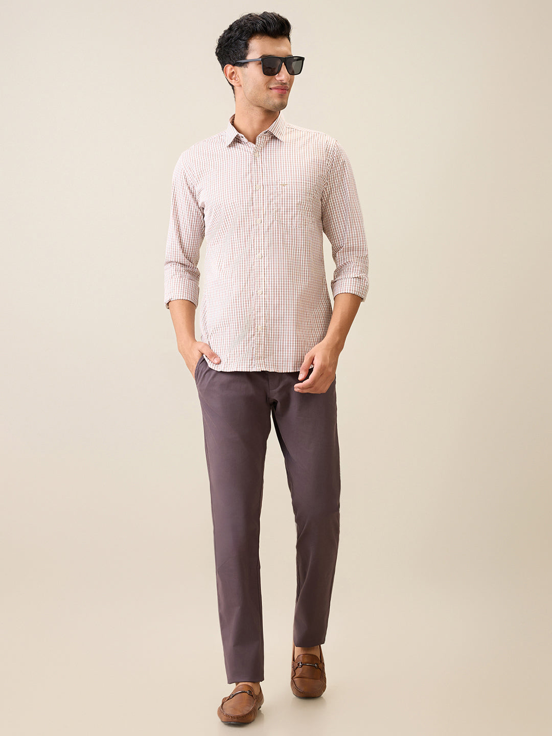 Park Avenue Men Brown Checks Slim Fit Cotton Casual Shirt