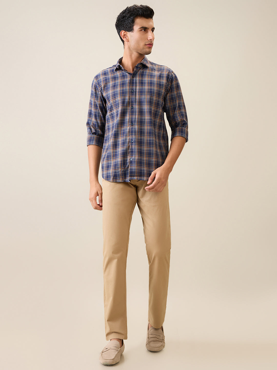 Park Avenue Men Blue Checks Slim Fit Polyester Blend Casual Shirt