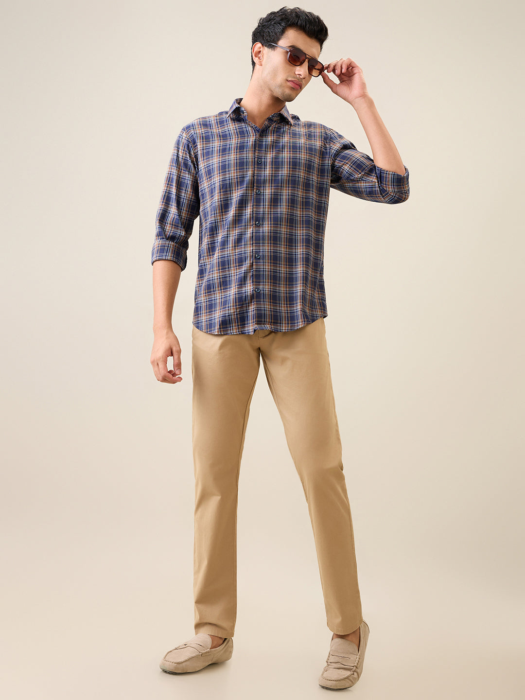 Park Avenue Men Blue Checks Slim Fit Polyester Blend Casual Shirt