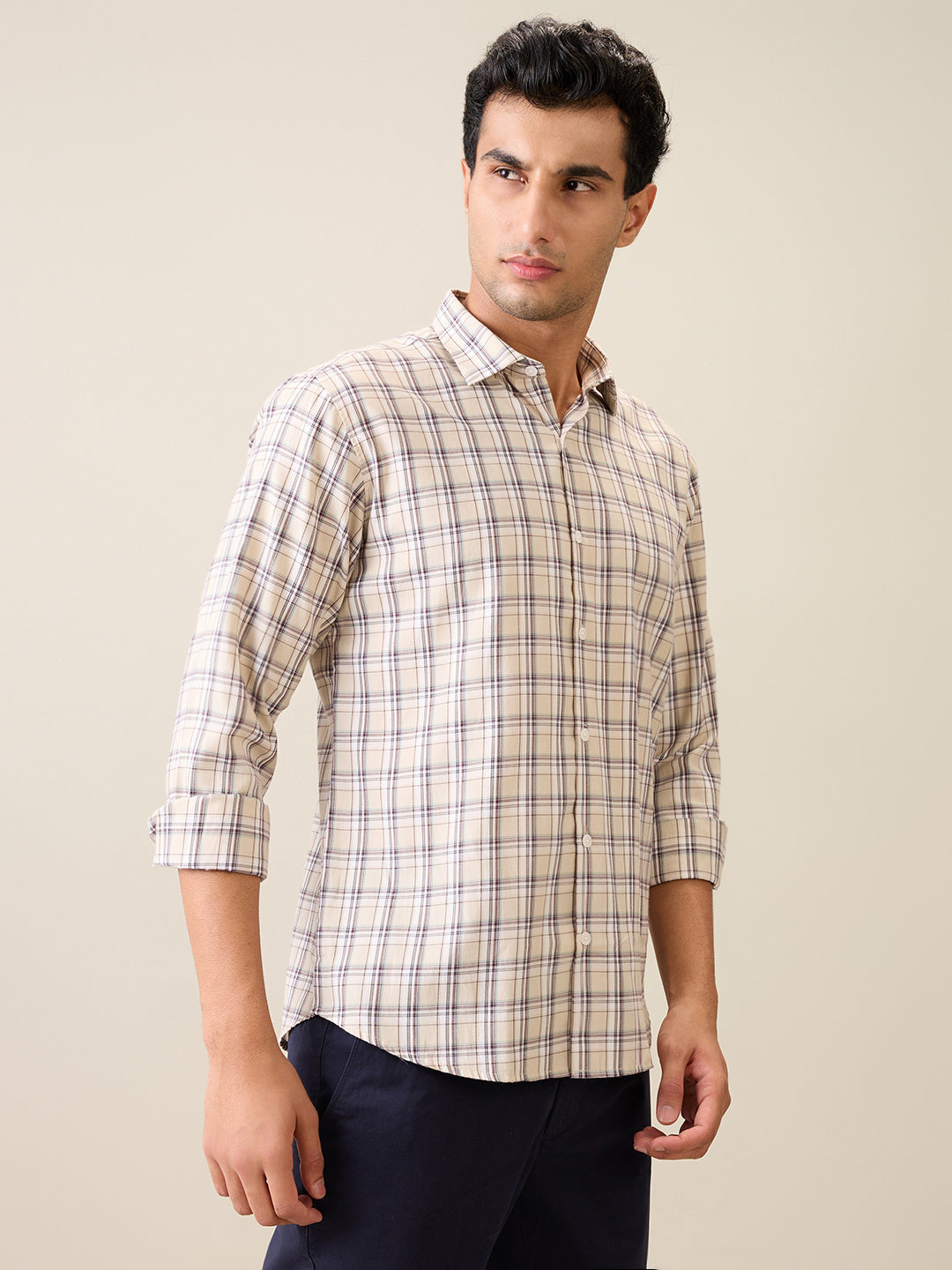 Park Avenue Men Brown Checks Slim Fit Polyester Blend Casual Shirt