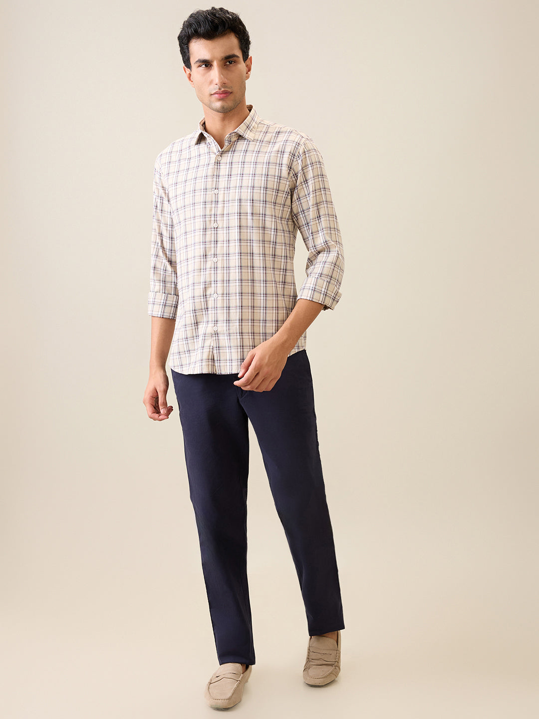 Park Avenue Men Brown Checks Slim Fit Polyester Blend Casual Shirt