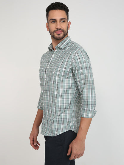 Park Avenue Men Green Checks Slim Fit Polyester Blend Casual Shirt