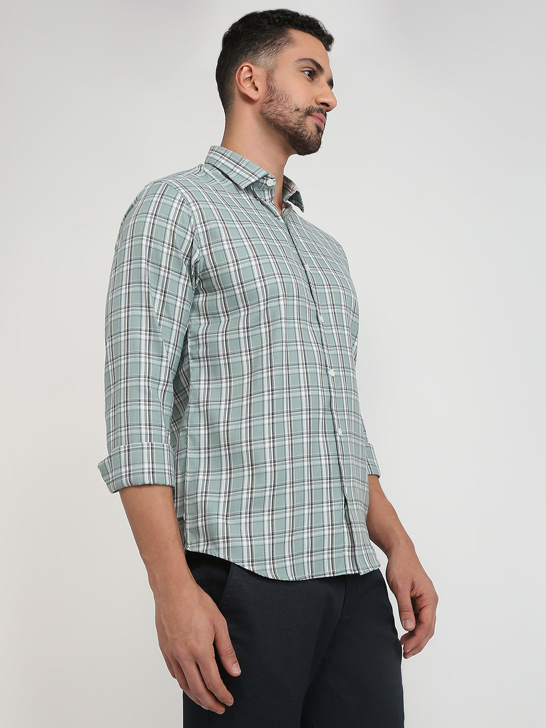 Park Avenue Men Green Checks Slim Fit Polyester Blend Casual Shirt
