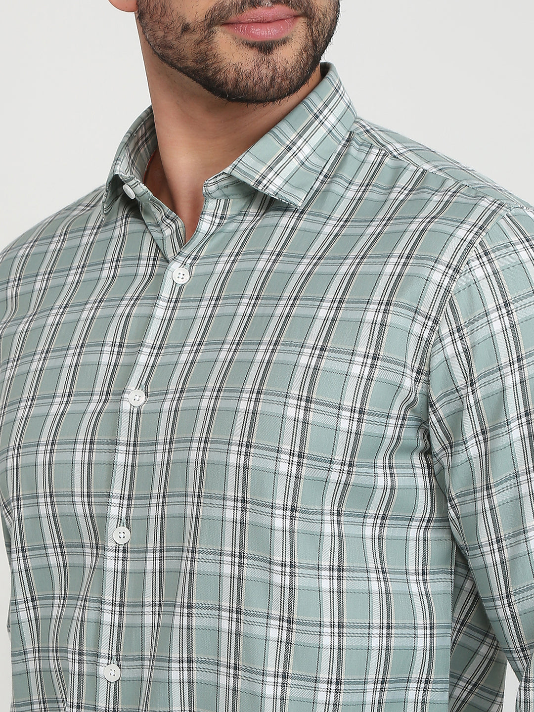 Park Avenue Men Green Checks Slim Fit Polyester Blend Casual Shirt