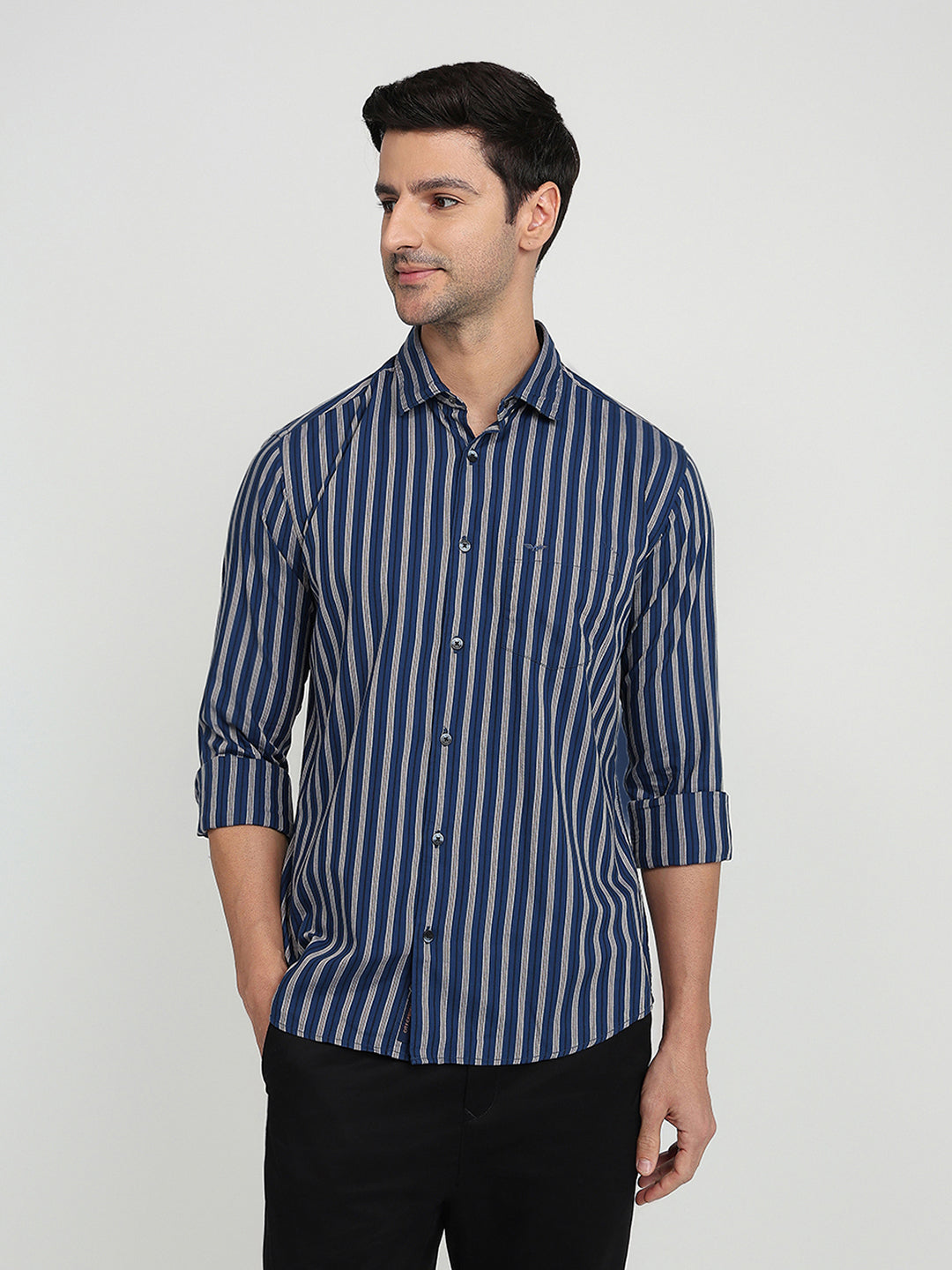 Park Avenue Men Blue Stripe Slim Fit Cotton Full Sleeve Casual Shirt
