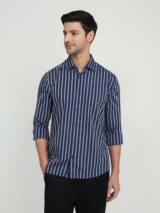 Park Avenue Men Blue Stripe Slim Fit Cotton Full Sleeve Casual Shirt