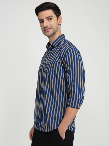 Park Avenue Men Blue Stripe Slim Fit Cotton Full Sleeve Casual Shirt