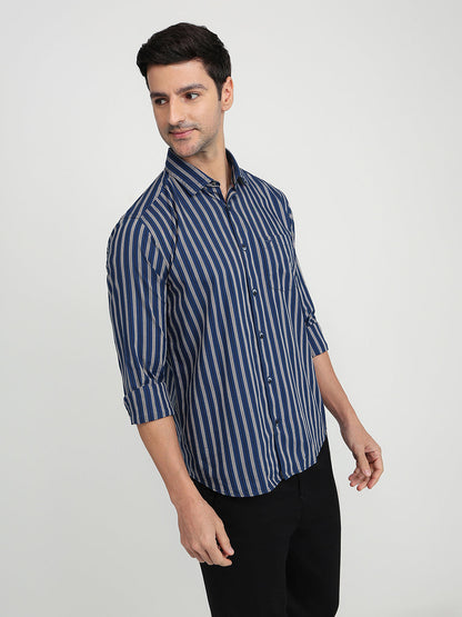 Park Avenue Men Blue Stripe Slim Fit Cotton Full Sleeve Casual Shirt