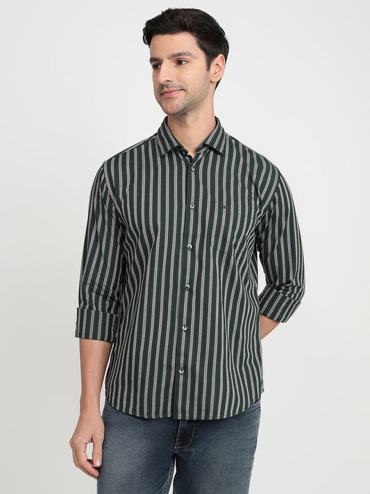 Park Avenue Men Green Stripe Slim Fit Cotton Full Sleeve Casual Shirt