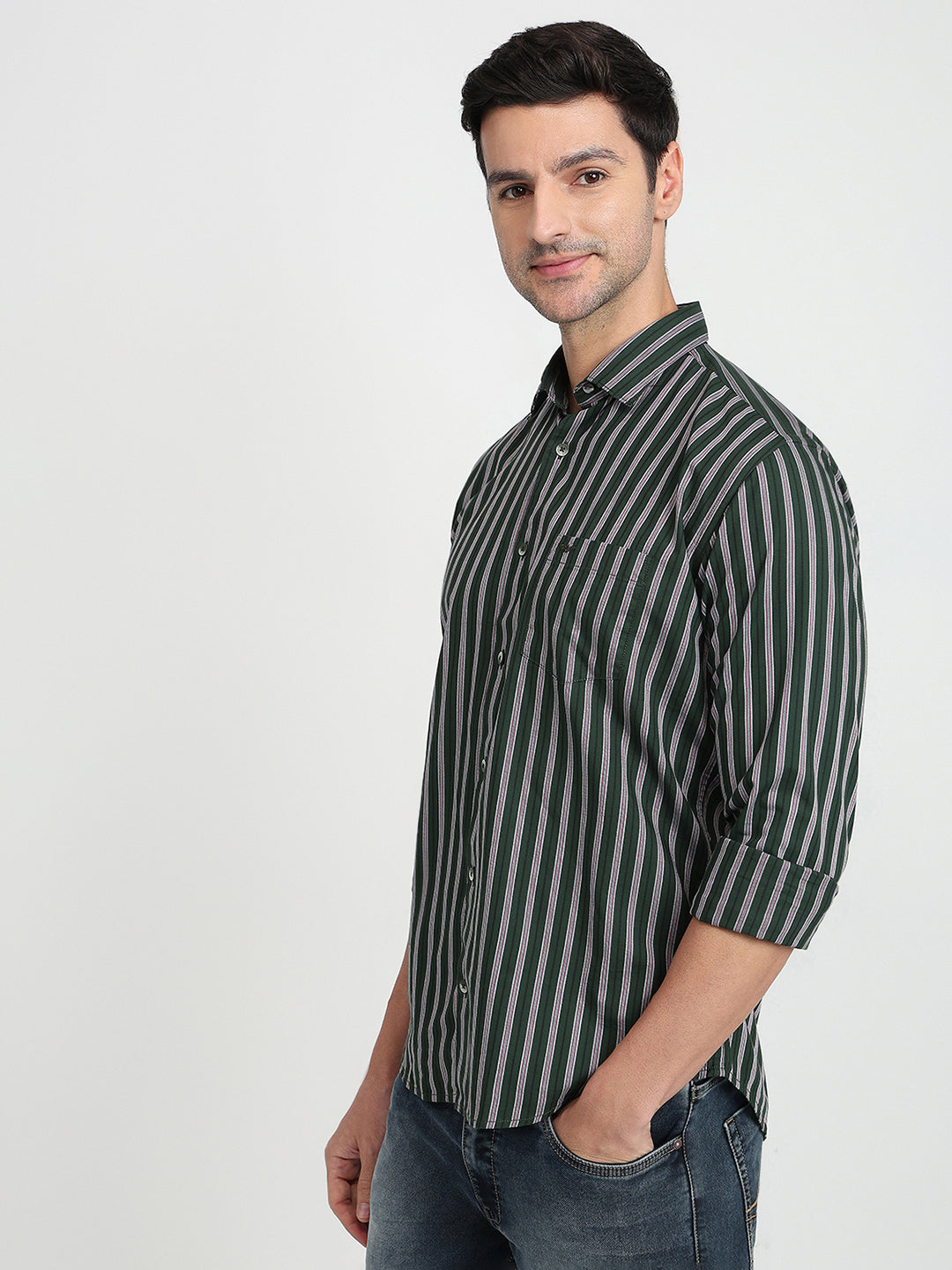 Park Avenue Men Green Stripe Slim Fit Cotton Full Sleeve Casual Shirt