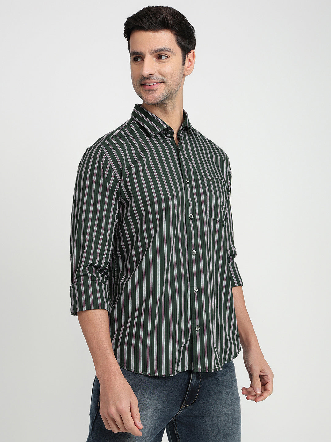 Park Avenue Men Green Stripe Slim Fit Cotton Full Sleeve Casual Shirt