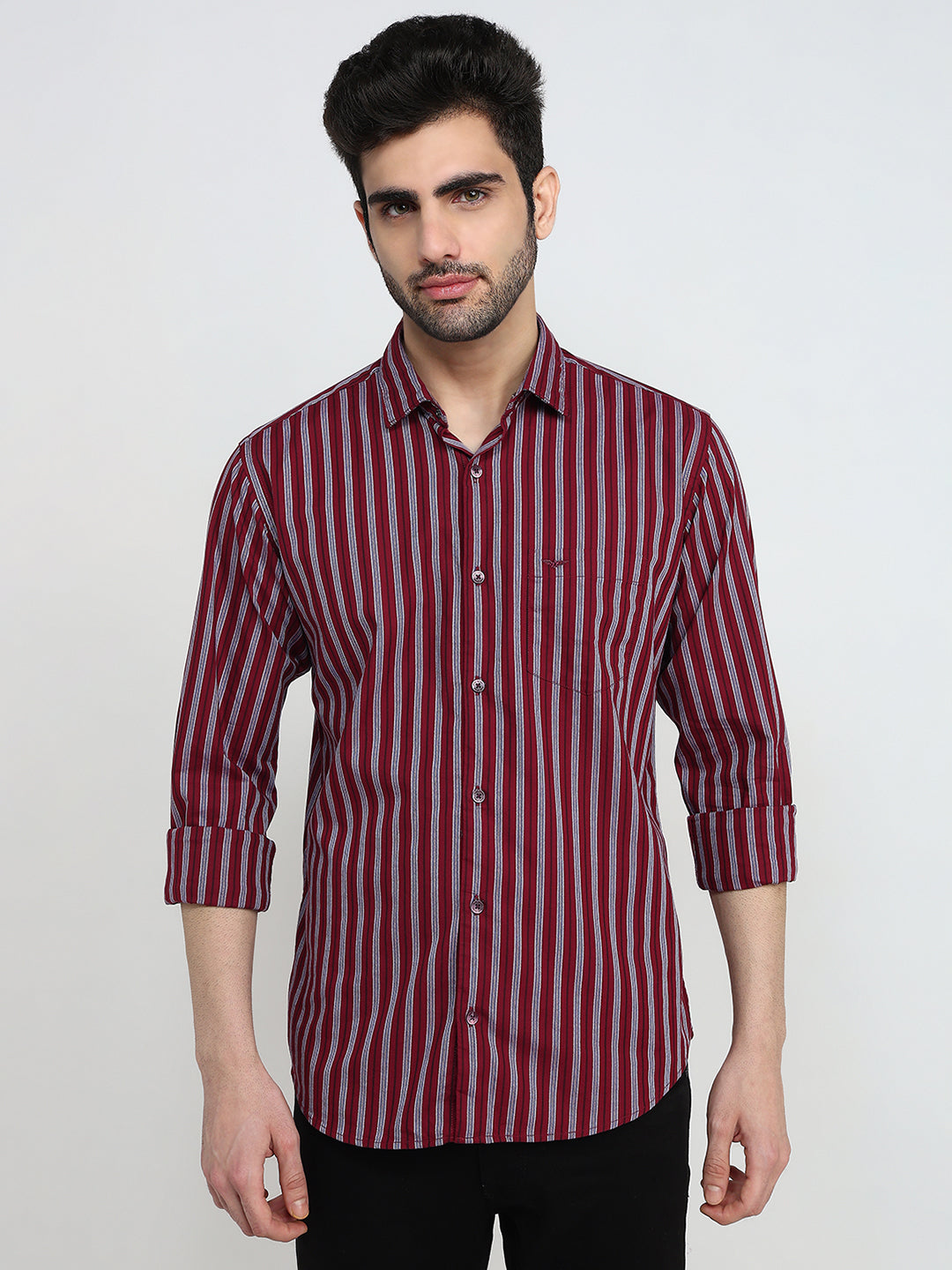 Park Avenue Men Red Stripe Slim Fit Cotton Full Sleeve Casual Shirt