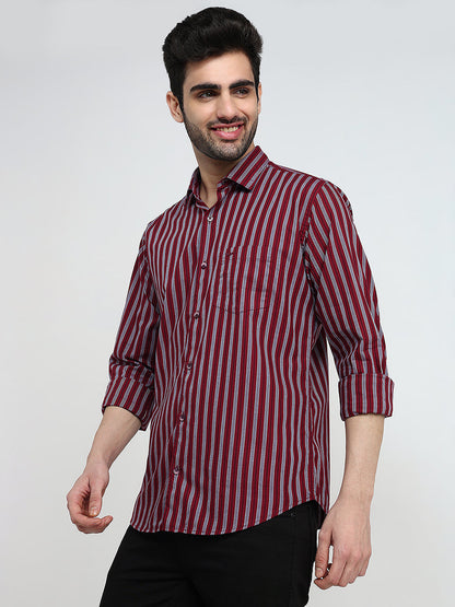 Park Avenue Men Red Stripe Slim Fit Cotton Full Sleeve Casual Shirt