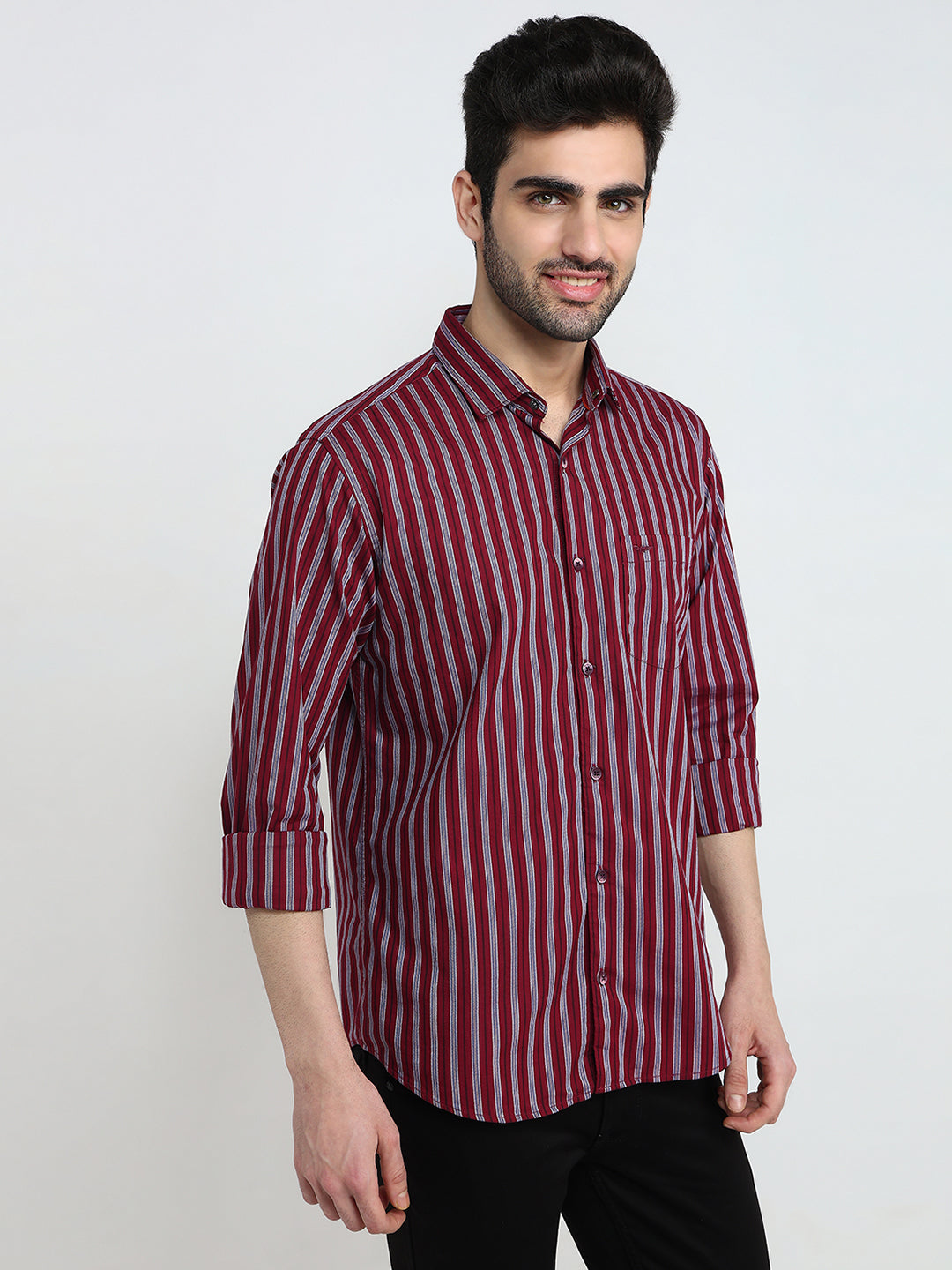 Park Avenue Men Red Stripe Slim Fit Cotton Full Sleeve Casual Shirt