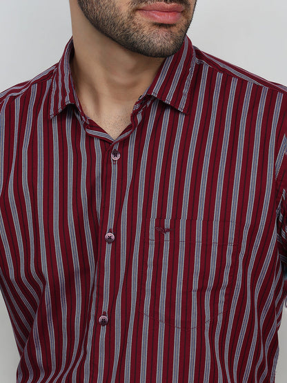 Park Avenue Men Red Stripe Slim Fit Cotton Full Sleeve Casual Shirt