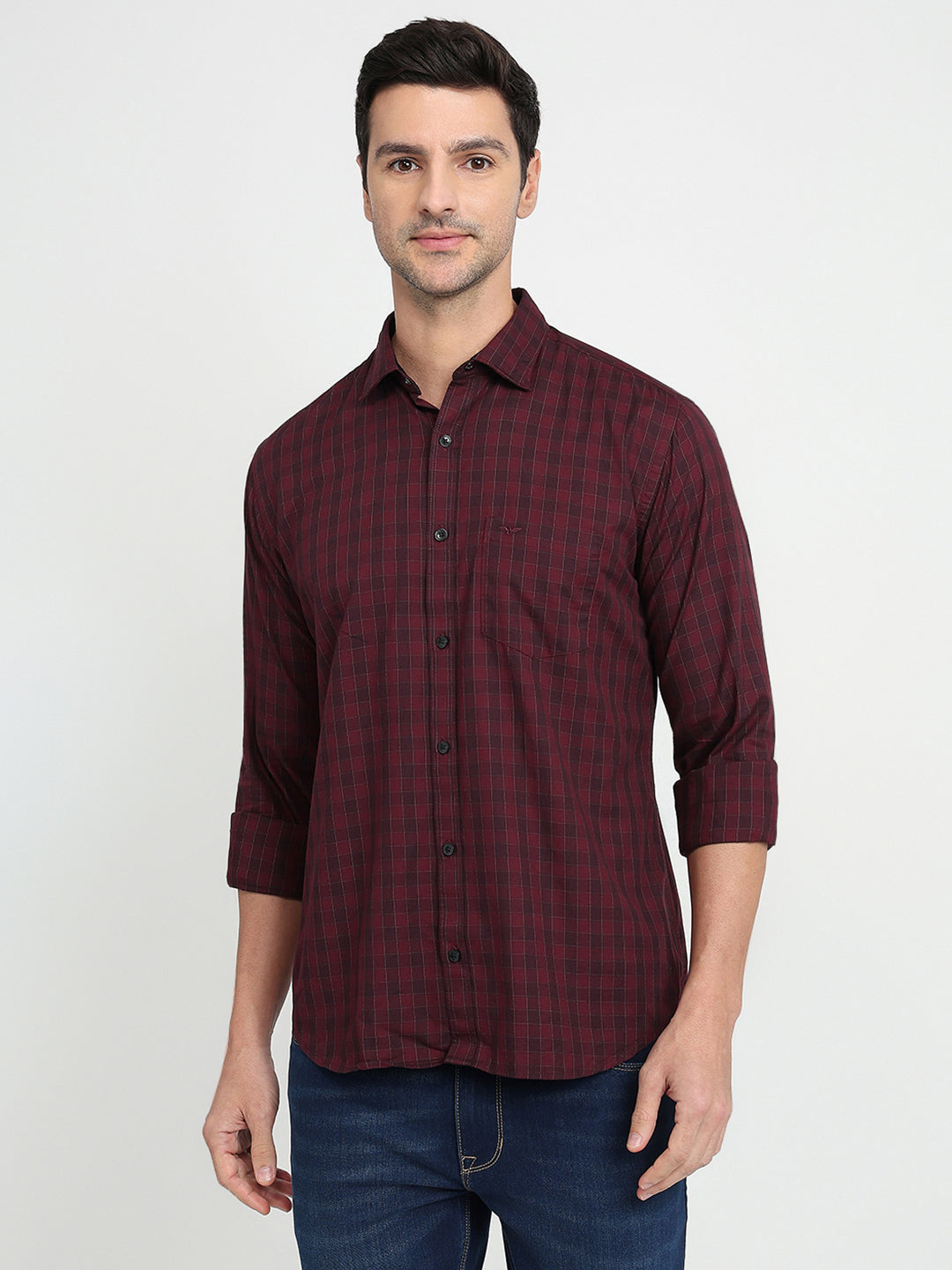 Park Avenue Men Maroon Checks Slim Fit Cotton Full Sleeve Casual Shirt