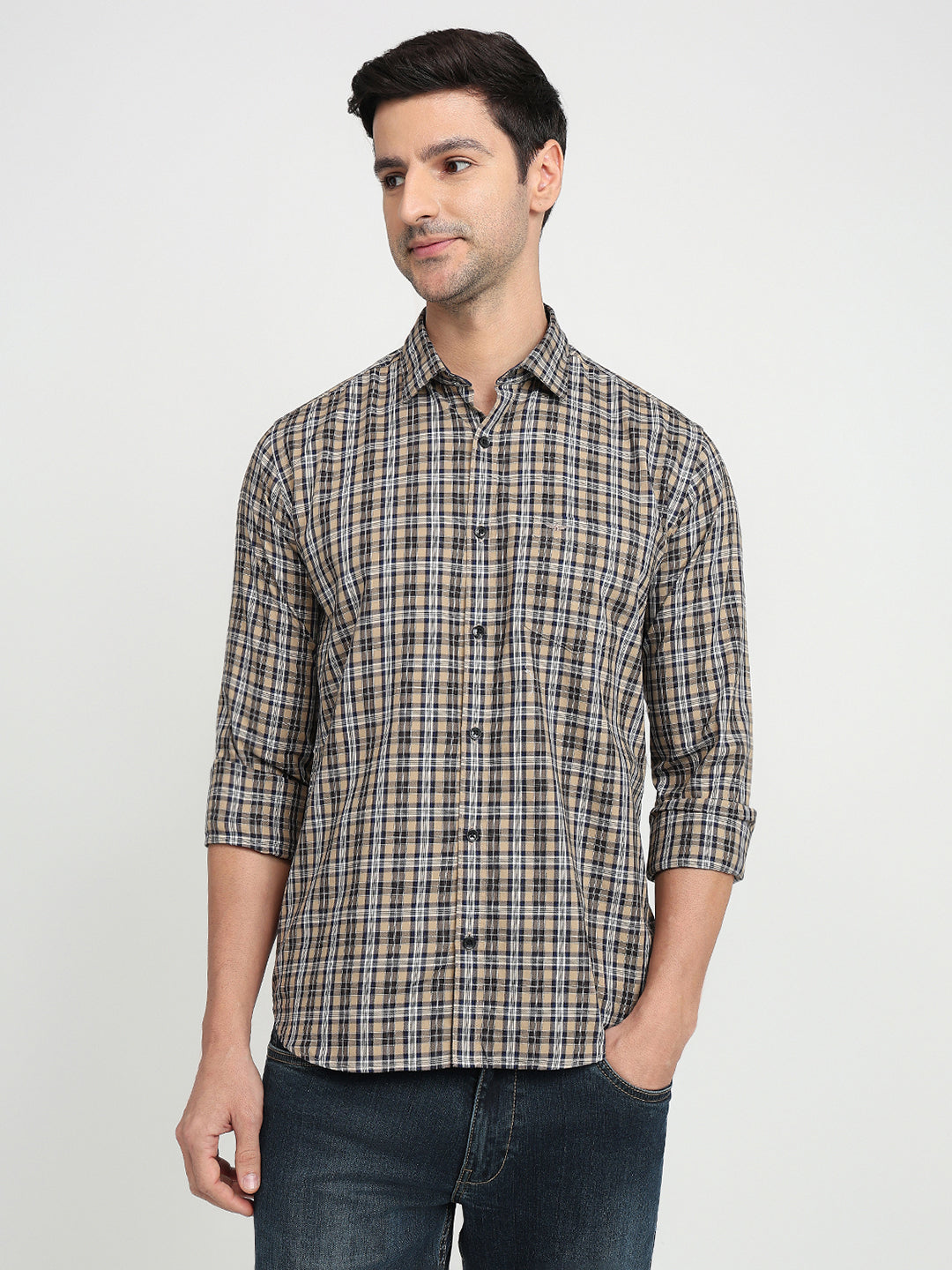 Park Avenue Men Brown Checks Slim Fit Cotton Full Sleeve Casual Shirt